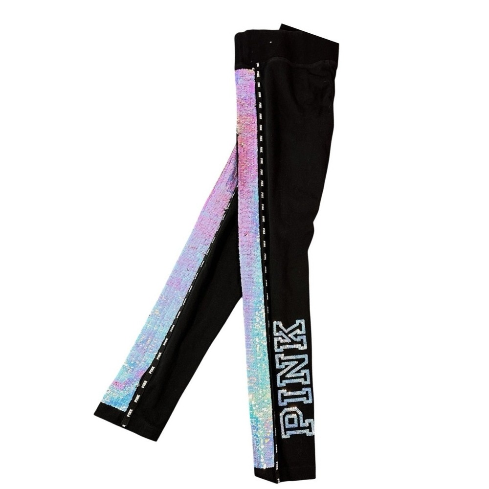 PINK Victoria's Secret Yoga Leggings Mermaid Medium Black Sequin Logo Athleisure